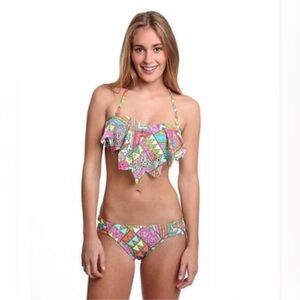 NWT $74 GOSSIP Soul Train Printed Flounce Bandeau Top & Hipster Bottom Bikini S
